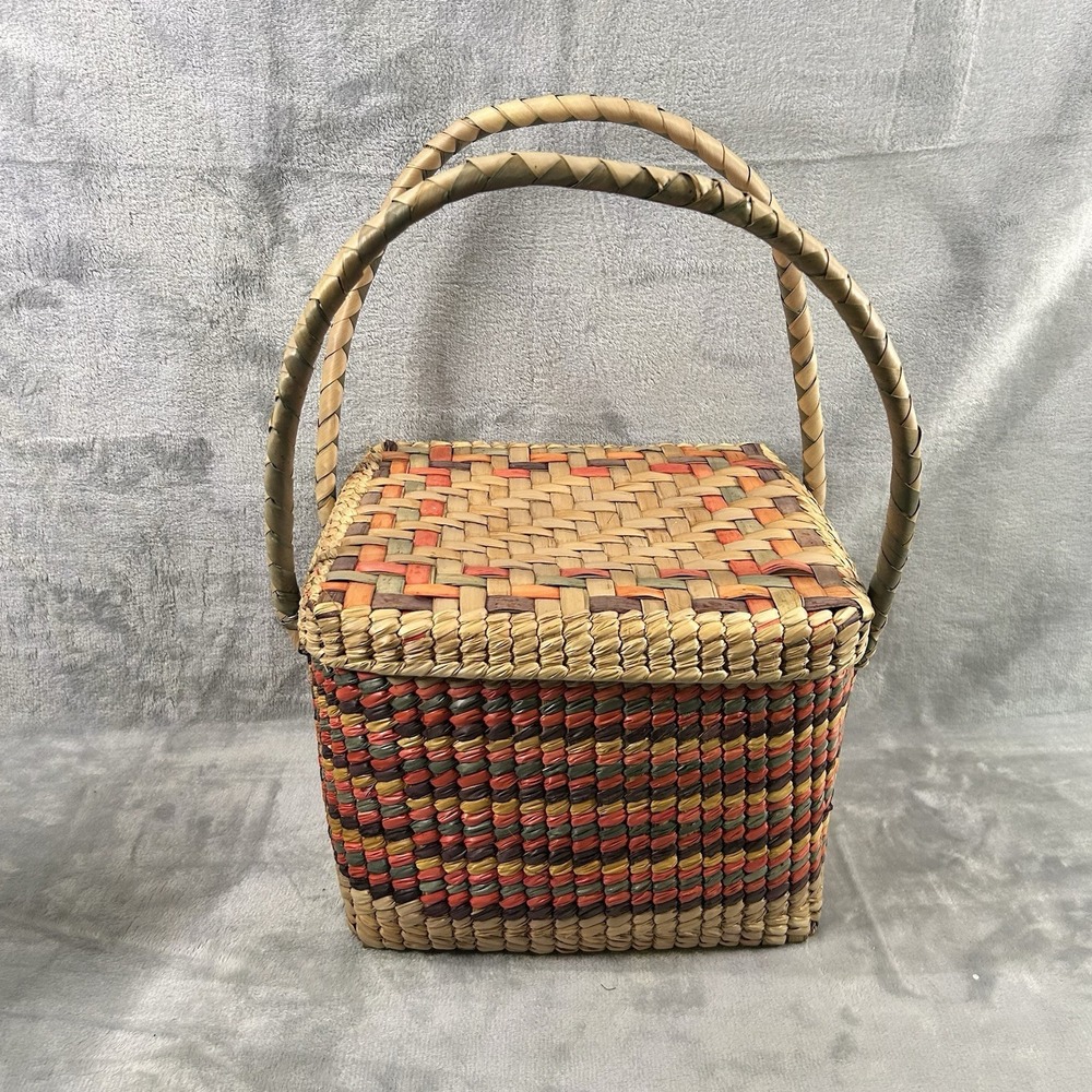 Mexican Square Basket W/ Handles & Lid, Colorful Woven Straw Boho Picnic Beach